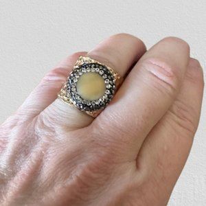 Hammered Brass Pearl with Crystals Ring